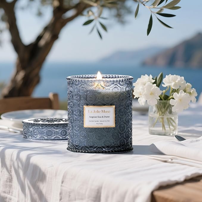 LA JOLIE MUSE Aegean Sea & Dune Candle ?밅ool Water, White Florals & Warm Amber | 19 oz Large Wooden Wick Candle | Natural Soy Wax | 90 Hours Clean Burn | Gift-Ready for Hosts & Gatherings