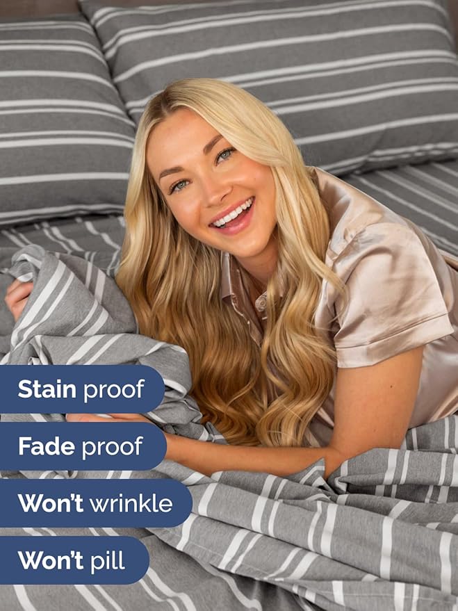 Extra Deep Pocket Twin XL Sheets - 3 Piece Breathable & Cooling Bed Sheets - Hotel Luxury Bed Sheet Set - Soft, Wrinkle Free & Comfy - Easily Fits Extra Deep Mattresses - Grey Striped Sheets Set
