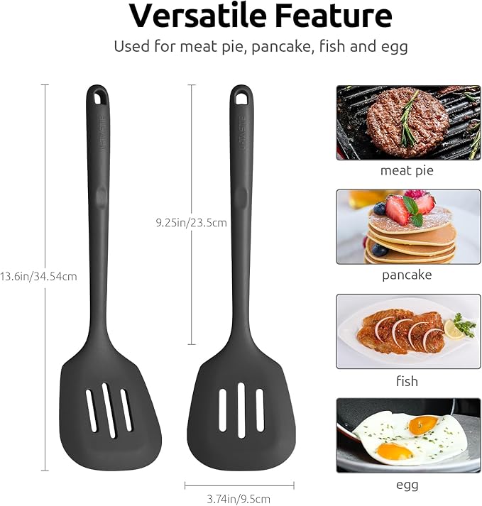 600쨘F Heat Resistant Slotted Turner: U-Taste 13.6in Silicone Kitchen Spatula Flipper, 3.74in Wide Food Grade Flexible Thin Rubber Cooking Utensil for Egg, Pancake, Cookie in Nonstick Cookware (Black)