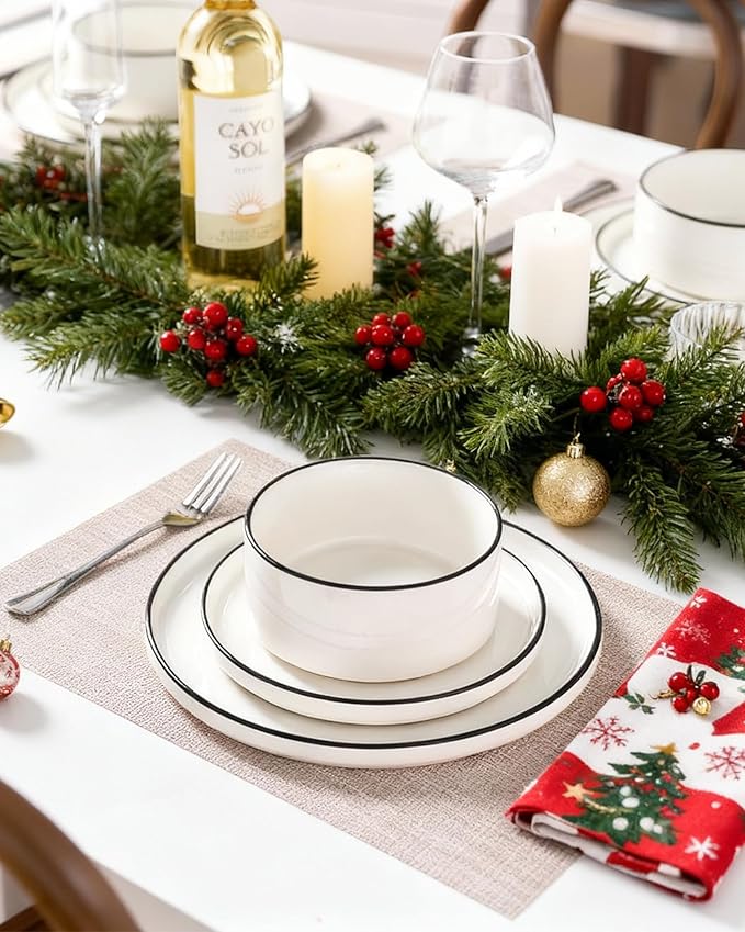 Famiware Porcelain Dinnerware Set, 12-Piece Modern Plate and Bowl Set, Dish Set for 4, Microwave and Dishwasher Safe Tableware, White with Black Trim