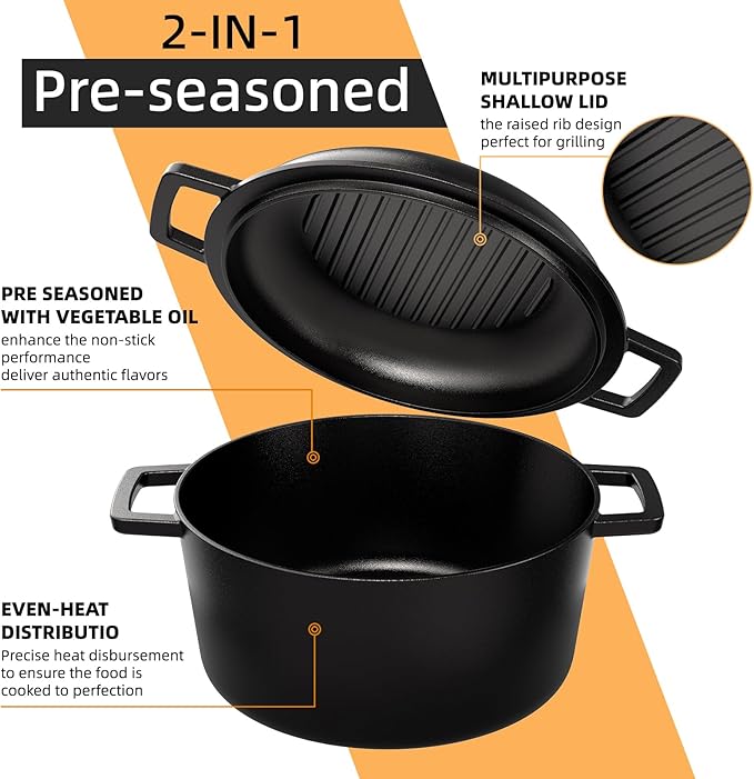 2-in-1 Pre-Seasoned Cast Iron Double Dutch Oven Pot with Skillet Lid & Silicone Sleeves ??Raised Rib Skillet Lid??Umite Chef 7QT Cast Iron Skillet Cookware Pan Set wirh Dual Handles ??Oven, Grill, Campfire & Stovetop Safe ?밣FAS-Free