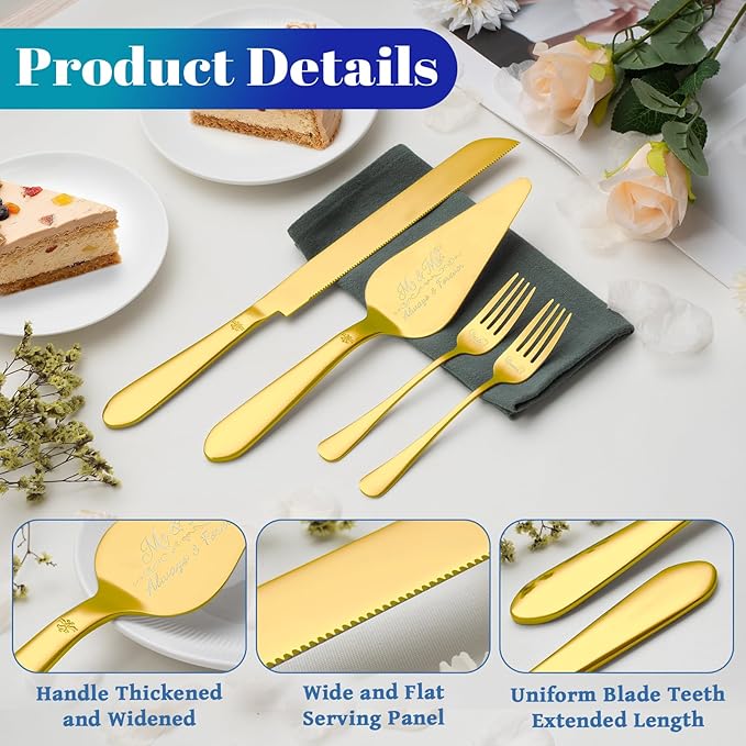 Cake Cutting Set for Wedding, Elegant Cake Knife and Server Set with Stainless Steel Forks, Cake Cutter and Pie Spatula for Engagements, Anniversary, Bride and Groom, 4Pcs, Gold