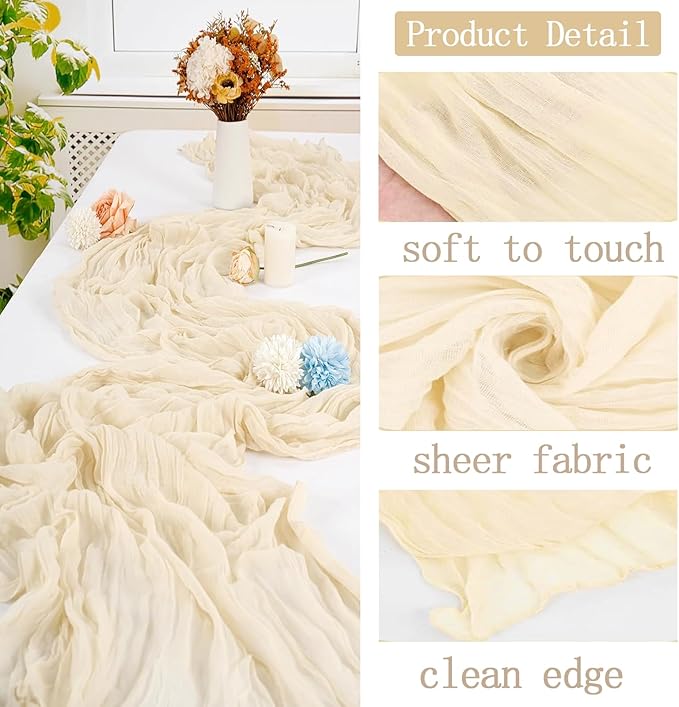 8 Pack Ivory Cheesecloth Table Runner 20 x 120 inch Gauze Table Runners 10 FT Long,Semi Sheer Cheese Cloth Fabric Table Runner Bulk for Wedding,Party,Baby Shower,Bridal Shower Decoration