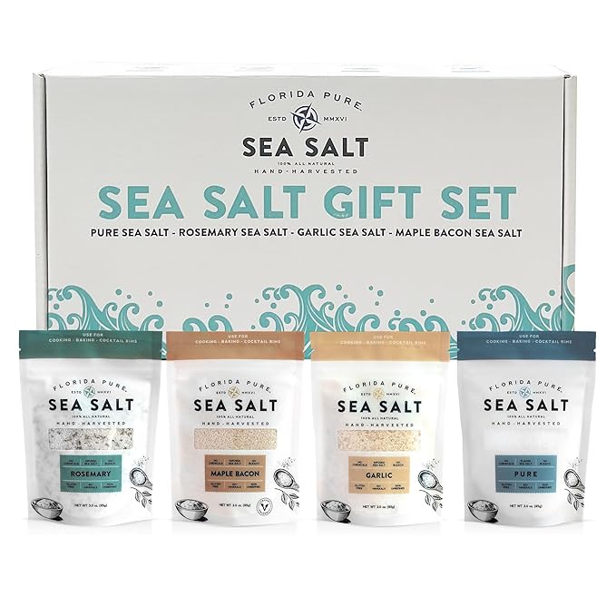 Florida Pure Sea Salt Gift Set - 4 Flavors Bundle with Garlic, Rosemary, Maple Bacon & Pure | Hand-Harvested, Mineral-Rich, All-Natural - Flaky Sea Salt for Baking Cooking, Seasoning & Enhancing Taste