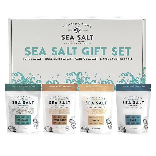 Florida Pure Sea Salt Gift Set - 4 Flavors Bundle with Garlic, Rosemary, Maple Bacon & Pure | Hand-Harvested, Mineral-Rich, All-Natural - Flaky Sea Salt for Baking Cooking, Seasoning & Enhancing Taste