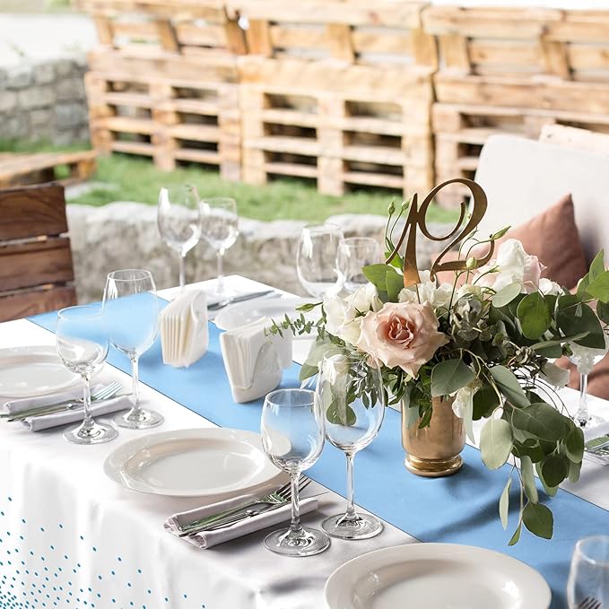 16Pack Disposable Plastic Tablecloths and Satin Table Runner Set White and Light Blue Dot Tablecloth Blue Satin Table Runner for Wedding Birthday Baby Shower Anniversary Engagement Xmas Party Supplies