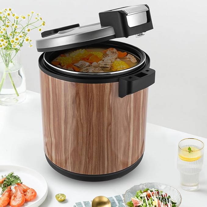 6Gal Electric Rice Warmer with 2 Temp Settings (154째F-161째F) - Commercial Food Warmer for Rice, Soup & Dishes | Stainless Steel + Aluminum Alloy, Free Standing (Wood Grain Color)