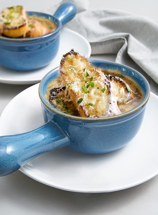 LE TAUCI Soup Bowls with Handle, 15 Oz Ceramic French Onion Soup Bowls, Large Soup Crocks Oven Safe for Stew, Onion, Soup, Chilli, Set of 4, Ceylon Blue