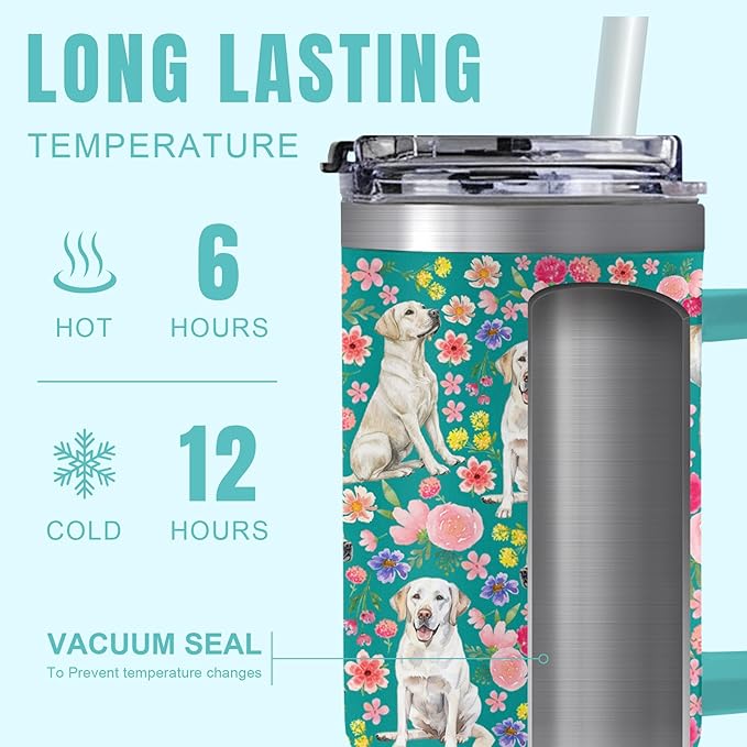 Yogusut Labrador Retriever Gifts for Women, 40oz Stainless Steel Insulated Tumbler Travel Mug Cup with Handle Straw, Gifts for Dog Mom Dog Lover