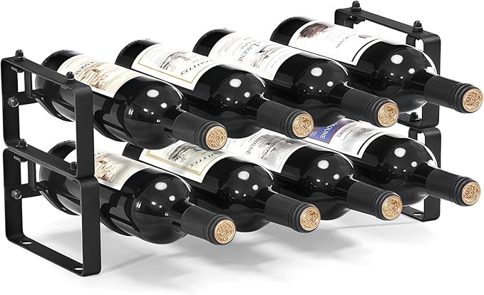 Stackable Wine Rack Countertop, 8 Bottles Wine Bottle Holder for Inside Cabinet, Small Tabletop Wine Holder Stand for Pantry Bar, 2-Tier Angle Adjustable Wine Bottle Rack for Tight Spaces