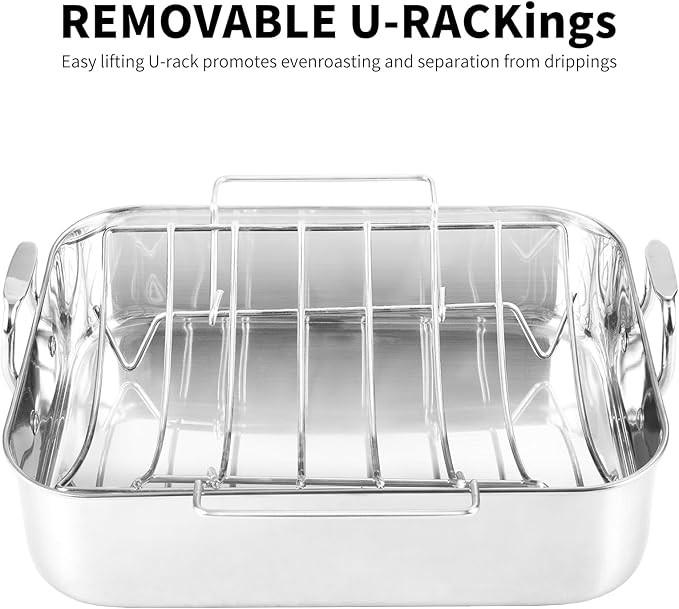 16.5inch Roasting Pan with U-Shape Rack - Stainless Steel Large Turkey Roaster Pan for Turkey, Chicken, Ham Roaster with V-Shaped Baking Rack Heavy Duty Dishwasher Safe, Hold up to 22LB