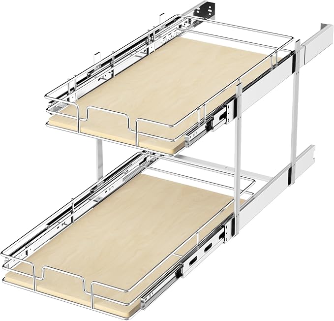 ROOMTEC 2 Tier Individual Pull Out Cabinet Organizer 16쩍"W x 21쩍"D, Slide Out Wood Shelves Organizers, Pull Out Drawers Organization and Storage for Kitchen Cabinet