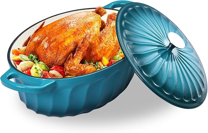 Enameled Oval Dutch Oven Pot with Lid, 7 QT Cast Iron Dutch Oven with Dual Handles for Cooking, Bread Baking, Frying, Non-stick Enamel Coated Oven (Blue-Green)