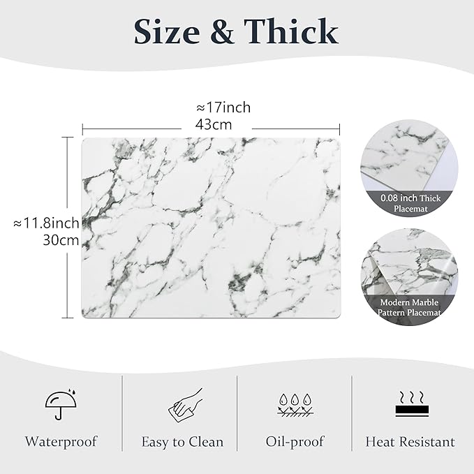 FROMHEART Faux Leather Placemats Set of 6?밯aterproof,Heat/Oil Stain-Resistant PU Table Mat?밨eversible,Easy to Clean Place Mats for Kitchen,Dining,Indoor/Outdoor,(Marble,11.8" x 17")