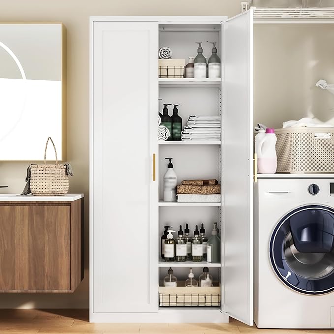 Kitchen Pantry Cabinet,71??Metal Tall Pantry Storage Cabinet with Doors and 4 Adjustable Shelves,Kitchen Storage Cabinets White Freestanding Food Cabinet for Pantries, Kitchen, Livingroom, Dining Room