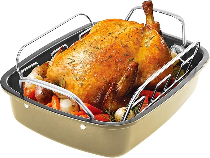 KITESSENSU Large Roasting Pan with Rack - 25 LB Nonstick Turkey Roaster Pan for Oven - Heavy Duty Carbon Steel Roasting Pan with Wider Handles for Chicken, Vegetables & Holiday Meals, Gold