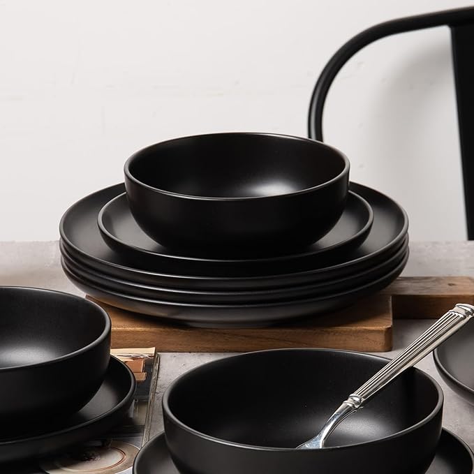 Furrnook 12-Piece Stoneware Dinnerware Set with Mugs | Microwave and Dishwasher Friendly | Stackable Matte Glaze Plates & Bowls | Service for 3 (Black for 4)
