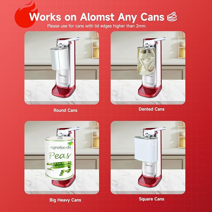Davivy Electric Can Opener, One Touch Lid Opening, Removable Stainless Steel Cutter and 3-in-1 Design, with Sharpener and Bottle Opener (Stainless Steel-Red)