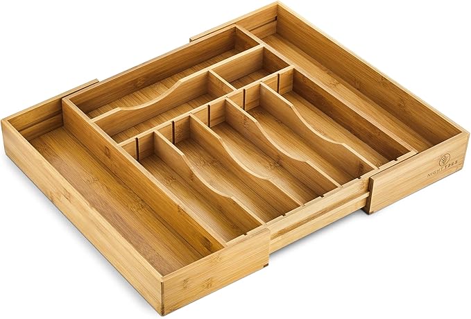 Night Tree 2.5??Extra Deep Silverware Drawer Organizer with Adjustable Dividers ??Expandable Bamboo Flatware Tray for Kitchen, Reinforced Wood Cutlery Holder (14"-21.6" Wide)