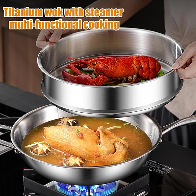 Titanium Hammered Wok with Lid, Upgrade Double Handle Non Stick Titanium Pans for Cooking, Ultra-Durable, Scratch-Resistant, Even Heating Frying Pans, Compatible with All Cooktops,with steame