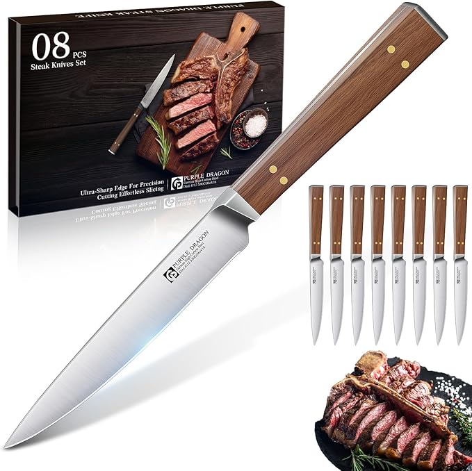 Purple Dragon Steak Knives Set of 8-4.7 Inch Non Serrated Dinner Knife with Square Wooden Handle ??Elegant, Balanced, High Carbon German Steel - Christmas Gift for Men and Women