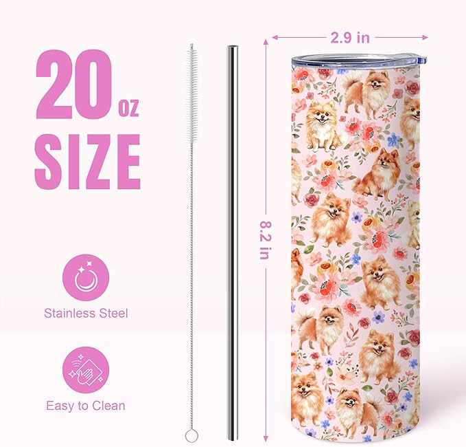 Yogusut Pomeranian Gifts for Women, 20oz Stainless Steel Insulated Tumbler Travel Mug Cup with Lid Straw Brush, Gifts for Dog Mom Dog Lover