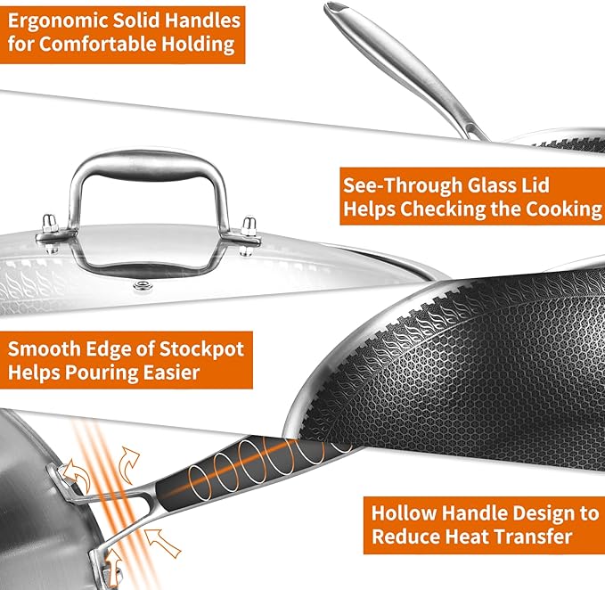 DELARLO 12" Nonstick Wok Pan With Lid, Tri-Ply Stainless Steel Saute Pan with Lids, 600?? 5QT Deep Frying pan, Induction Wok Nonstick,Woks & Stir-Fry Pans
