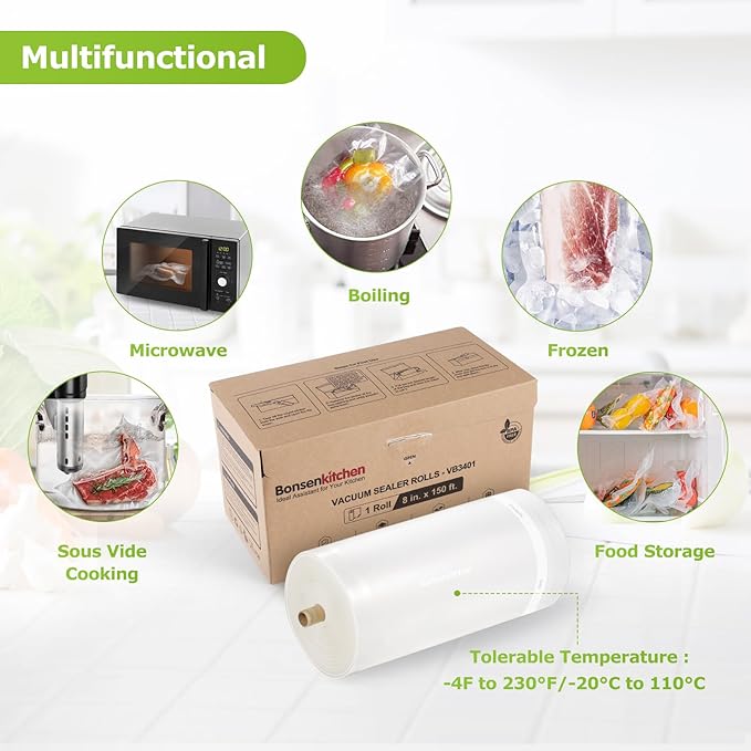 [2025 New] Bonsenkitchen 8??x 150??Vacuum Sealer Bags Rolls with Cutter for Food Storage, Commercial Grade, BPA Free, Great for Meal Prep and Sous Vide Cooking