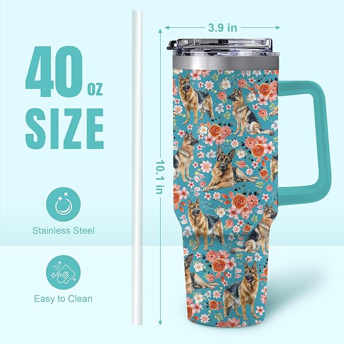 Yogusut German shepherd Gifts for Women, 40oz Stainless Steel Insulated Tumbler Travel Mug Cup with Handle Straw, Gifts for Dog Mom Dog Lover