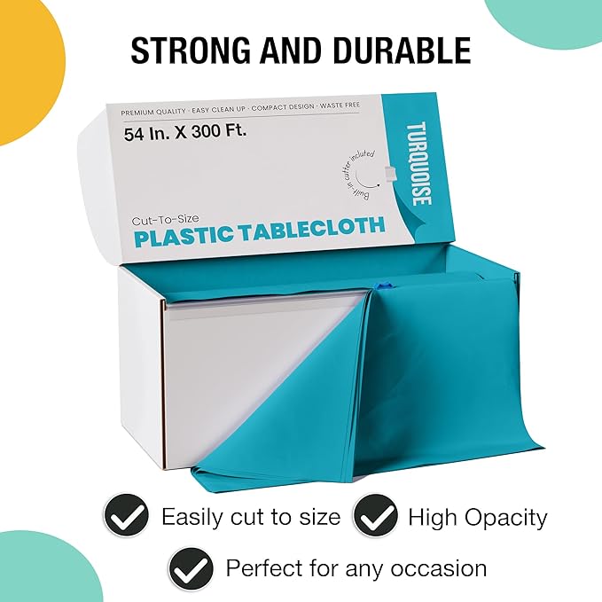 Party Solids 54 Inch X 300 Feet Turquoise Plastic Table Cover Roll in A Cut - to - Size Box with Convenient Slide Cutter. Cuts Up to 36 Rectangle 8 Feet Plastic Disposable Tablecloths
