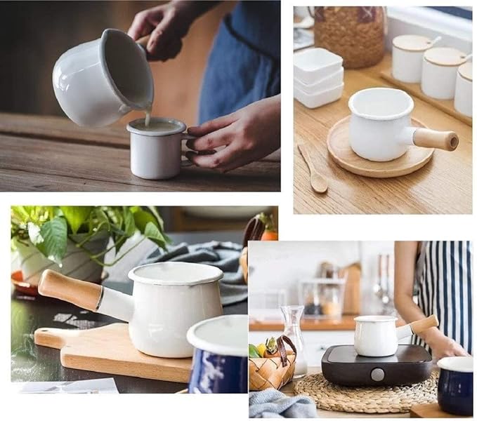 Enamel Milk Pot, Small Saucepan Milk Pot Butter Warmer 4 Inch 17 Oz Enamel Small Sauce Pan with Wooden Handle, Perfect Size for Heating Smaller Liquid Portions. (White）