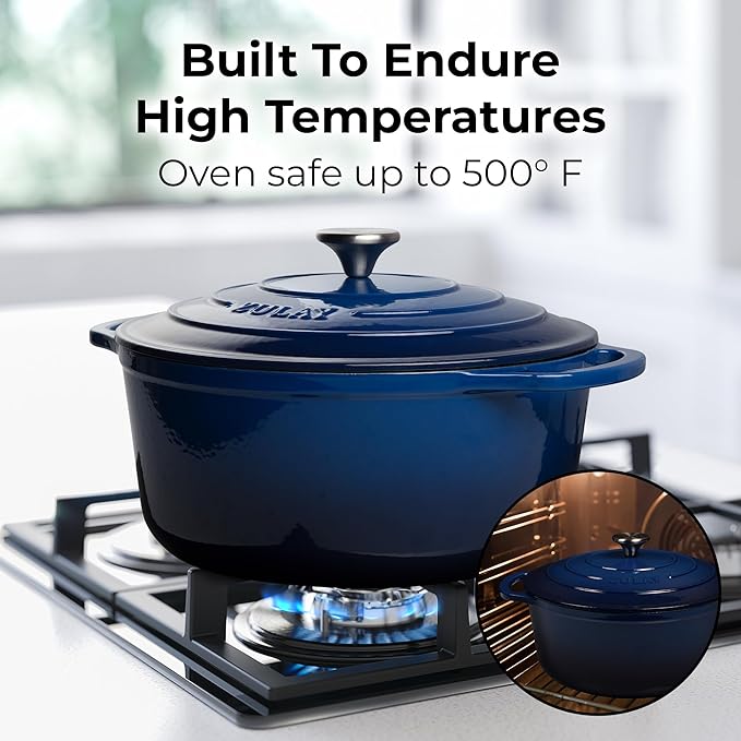 Zulay Kitchen 5 Quart Enameled Cast Iron Dutch Oven Pot with Lid ??Premium Durability & Oven Safe up to 500째F ??Heavy Duty Cookware Perfect for Bread Baking, Stews, Braising & Roasting ??Blue