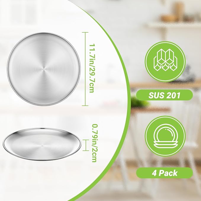 Stainless Steel Plates, 4 Pack 11.8 inch Large 201 Metal Food Serving Plate Set, Reusable Snack Eating Dishes Round Shatterproof Brushed Finish Dish Silver Dinner Lunch Oven Dishwasher Safe