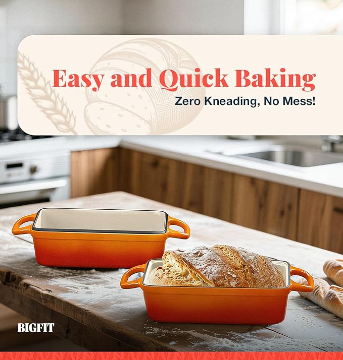 2 IN 1 Cast Iron Bread Loaf Pan with Lid, 3.4QT 9x5 Inch Dutch Oven for Bread Baking, Even Heating Bread Oven, Enameled Bread Pan for Homemade Sourdough Bread Baking & Versatile Cooking, Orange