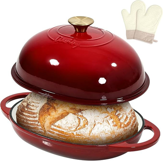 Davivy 6QT Oval Cast Iron Sourdough Dutch Oven with Silicone Oven Mitts, Bread Dutch Oven for Sourdough Bread Baking 6QT, Cast Iron Bread Cloche Loaf Pan with Domed Lid - Ruby Red