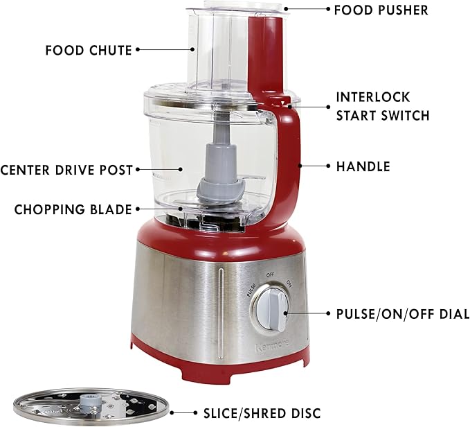 Kenmore 11-Cup Food Processor - Vegetable Procesador de Alimentos, Blender, Onion Chopper And Garlic Mincer, Kitchen Appliance High Powered Electric Licuadora, 500W, Stainless Steel Red