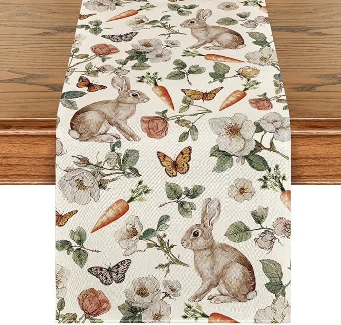 Artoid Mode Bunny Carrots Flower 210 GSM Easter Table Runner, Seasonal Spring Kitchen Dining Table Decoration for Home Party Decor 13x72 Inch