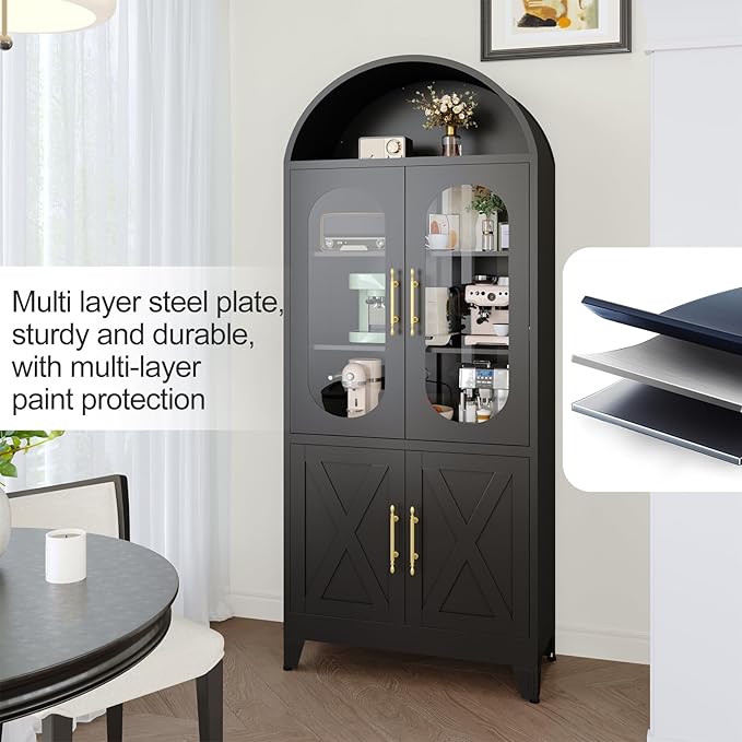 73" H Metal Tall Arched Kitchen Pantry Cabinet, Modern Farmhouse China Storage Cabinets with Glass Door and Adjustable Shelves, Versatile Cupboard for Kitchen, Dining Room, Bathroom (Black)
