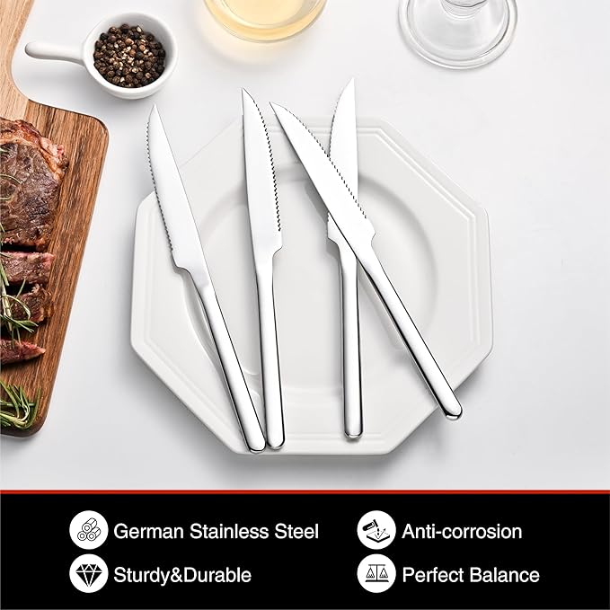 KINGSTONE Sharp Steak Knives, German Stainless Steel Steak Knife Set of 8 with Full-Serrated Blade, 9.4-Inch Sleek Design Table Knives, Mirror Polished