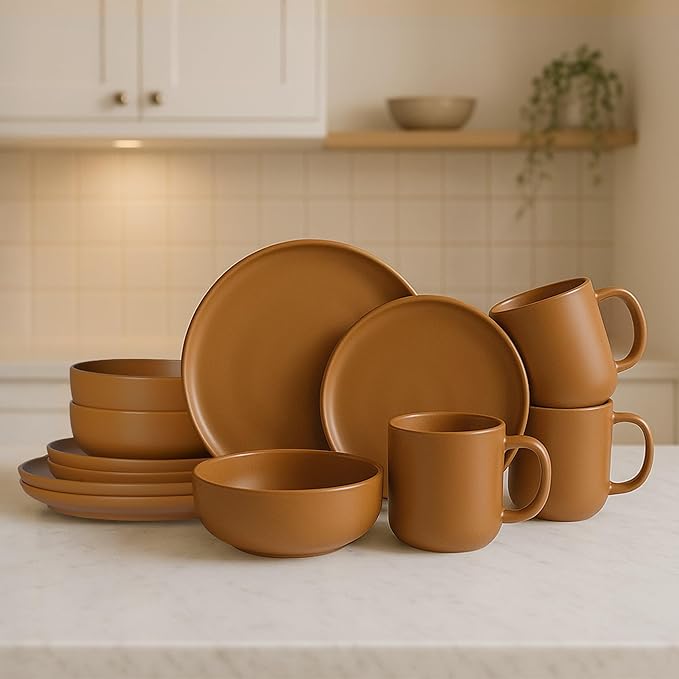Furrnook 12-Piece Stoneware Dinnerware Set with Mugs | Microwave and Dishwasher Friendly | Stackable Matte Glaze Plates & Bowls | Service for 3 (Orange for 3)