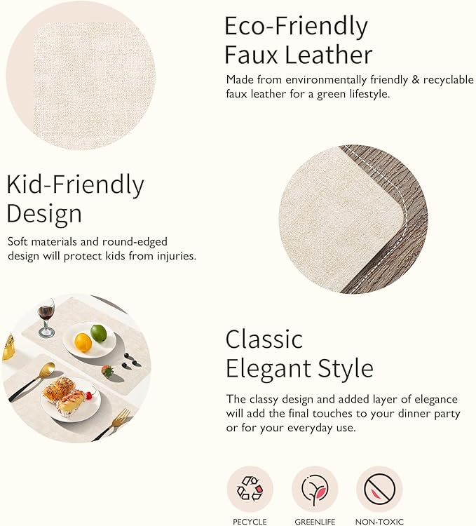 Maxpearl Faux Leather Placemats Set of 8 ??Waterproof, Wipe Clean, Heat Resistant, Non-Slip Dining Table Mats for Indoor & Outdoor Use, 17?씳?2?? Beige
