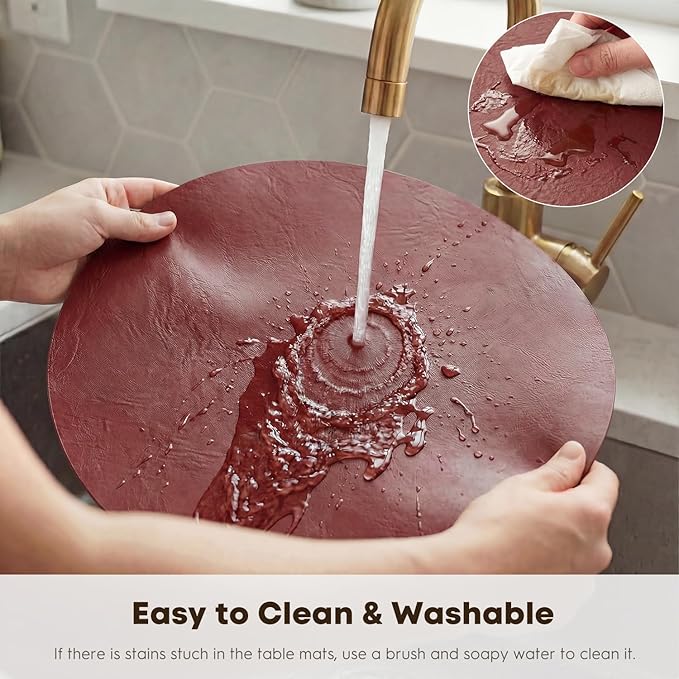 Artoid Mode Red Faux Leather Placemats Set of 4, 15 Inch Waterproof Wipeable Heat Resistant Place Mats, Reversible Table Mats for Christmas Kitchen Dining Decor