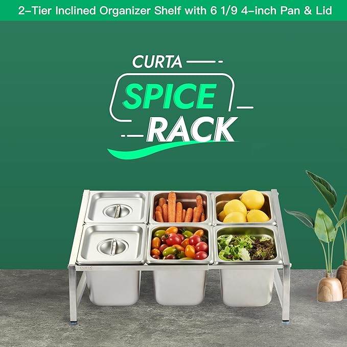 CURTA Expandable 18/8 Stainless Steel Spice Rack Set, NSF Certified, 2-Tier Inclined Organizer Shelf with 6 1/6 6" Pan&Lid, 13.8"-23.6" Adjustable, Countertop Holder for Seasoning Ingredients