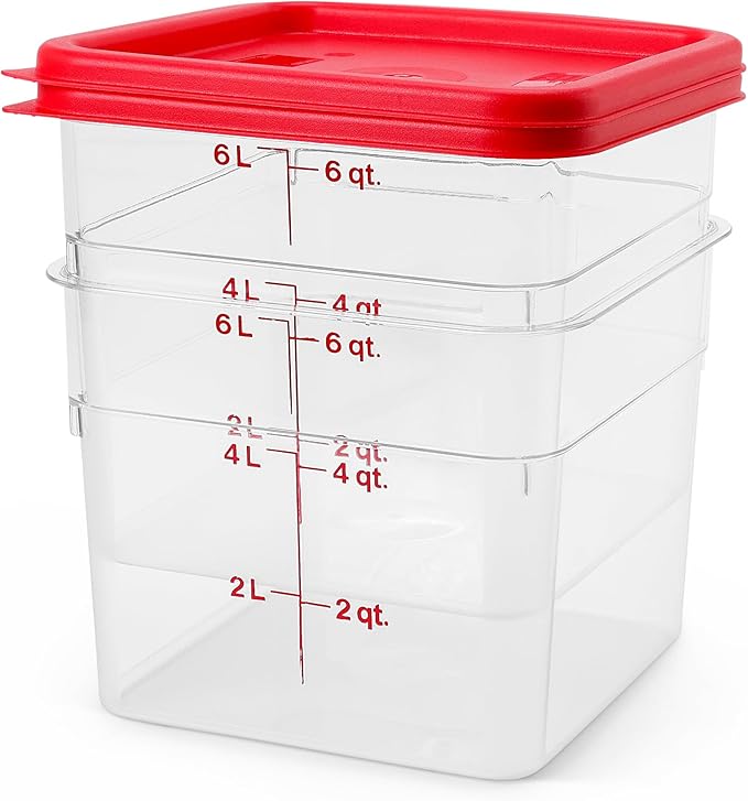 Cambro Food Storage Container with Lid (2 Pack) - Classic Series Square with Red Lid - 6 QT (Quart) - Commercial Grade for Food Prep (Clear)