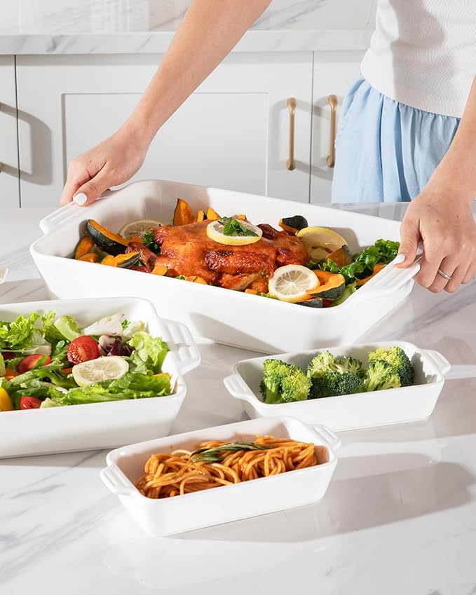 Sweejar Ceramic Bakeware Set of 4, Casserole Dishes for Oven, Rectangular Baking Dish with Handles, Lasagna Pans Deep for Cooking, Gratin, Roasting, Banquet and Daily Use (White)