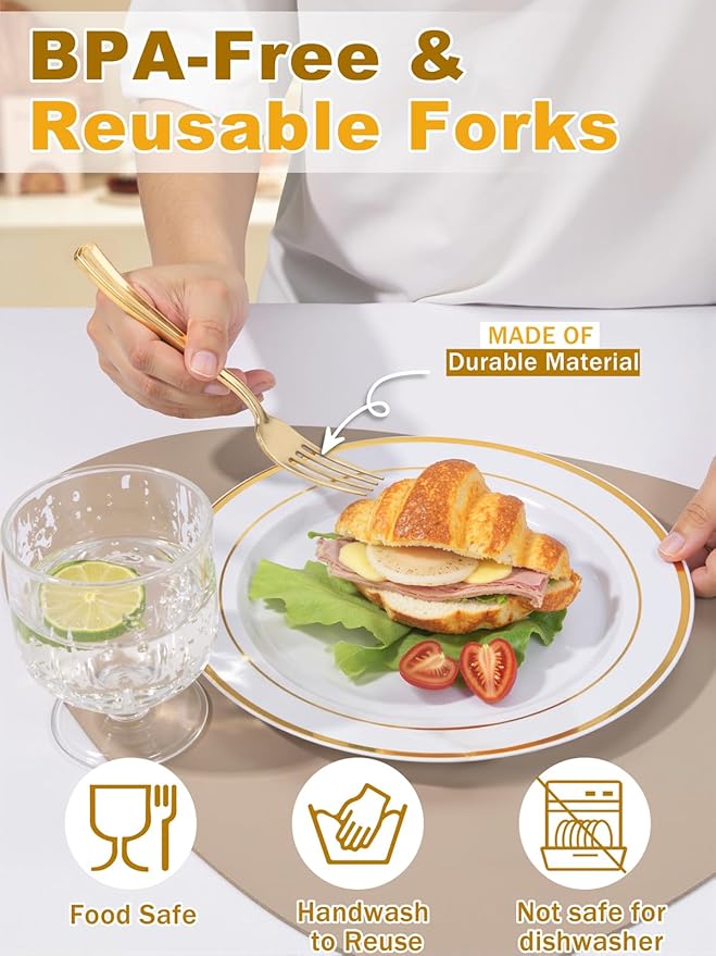 WDF 300PCS Gold Plastic Forks - Heavy Duty Gold Forks Disposable - Sturdy&Durable Plastic Silverware Bulk for Wedding/Party/Daily Using/Valentine's Day