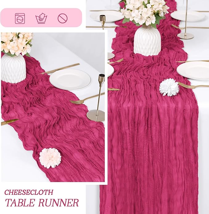 RealBox 6 Pack Hot Pink Cheesecloth Table Runner 17x108 Inch Semi Sheer Boho Gauze Cheese Cloth Fabric Table Runners Table Decor for Wedding Party Baby Shower Birthday Home Decor Garden Farmhouse