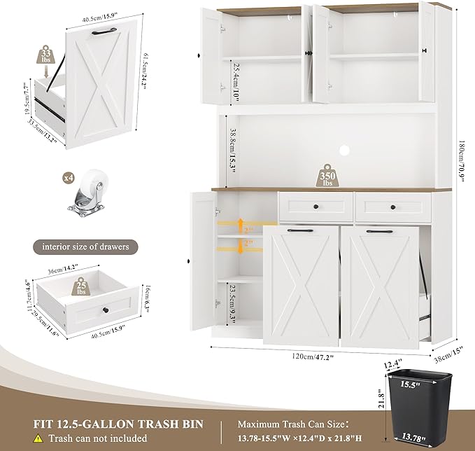HOSTACK 71"H Kitchen Trash Can Cabinet, 12.5 Gallon Double Pull Out Garbage Can Hutch Cabinet with Trash Bin Storage Holders, 47" Wide Kitchen Pantry with Hidden Garbage Storage for Dining Room, White