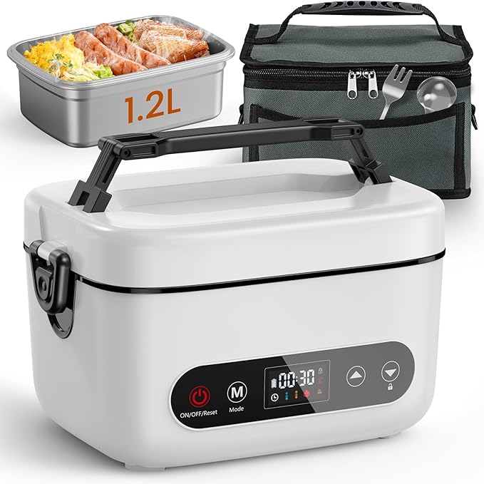 Cordless Electric Lunch Box, 1.2L Battery Powered Heated Lunch Box ??100W, 24000mAh Rechargeable Portable Self-Heating Food Warmer with 5-Sided Automatic Heating for Outdoors, Truck, Office, BPA-Free