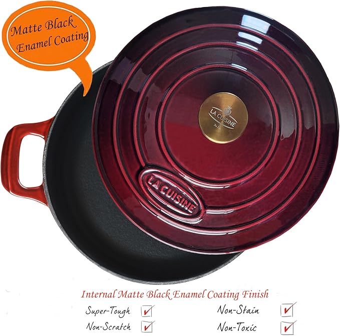 La Cuisine Cast Iron Braiser Shallow Dutch Oven Braising Saute Pan 3.75 QT 11" Dia. Internal Matte Black Enamel Coating, Oven Safe up to 500째 F Cranberry